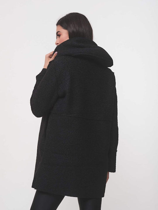 Curly Women's Black Coat with Hood