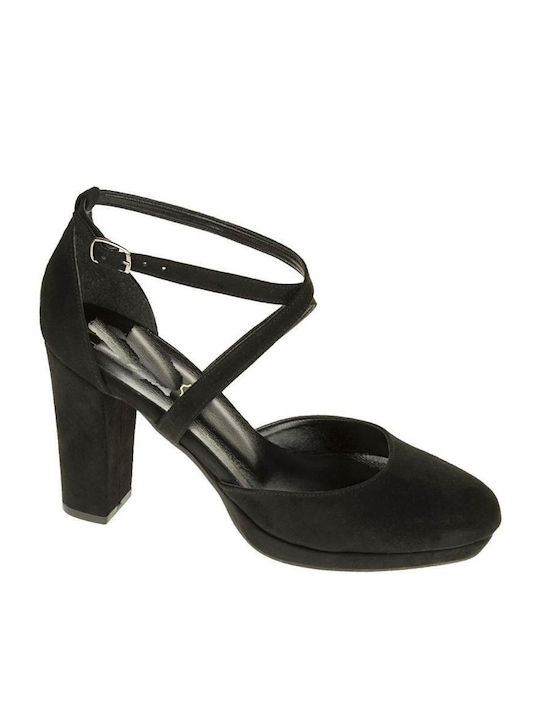 Stefania Suede Black Heels with Strap Shoes