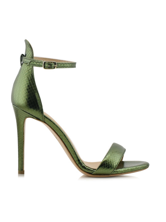 Aris Tsoubos Leather Women's Sandals Green with Thin High Heel