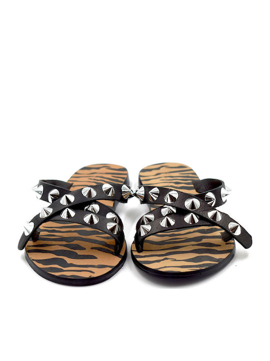 Slippers Leather Women's Flat Sandals in Black Color