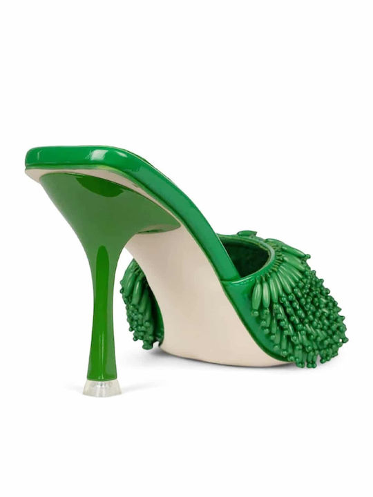 Beaded-me Mules with Thin High Heel in Green Color