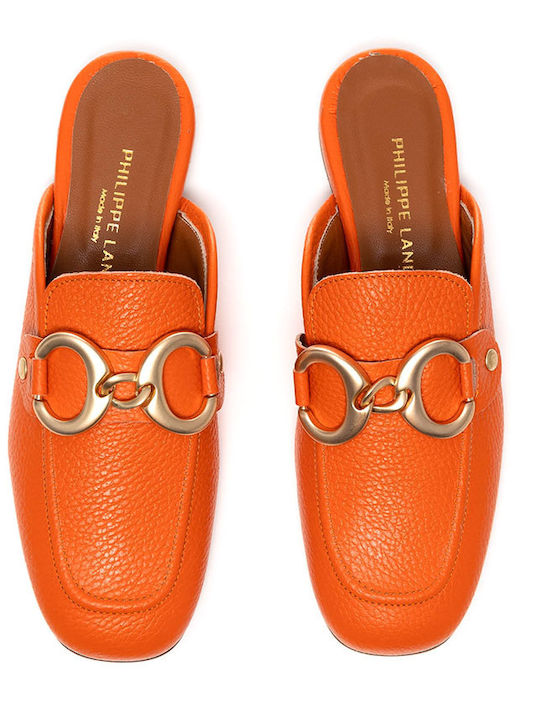 Flat Leather Mules in Orange Color