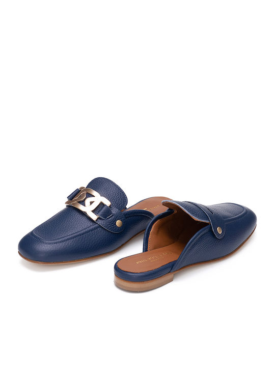 Flach Leder Mules in Blau Farbe