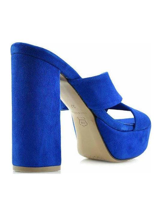 Designer Suede Mules with Chunky High Heel in Blue Color