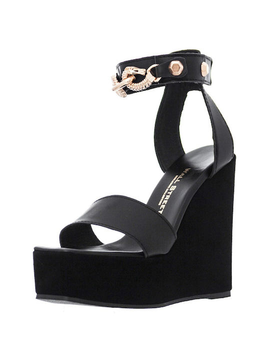 Wall Street Women's Leather Ankle Strap Platforms Black