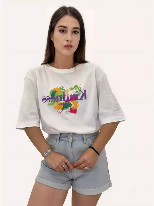 White Tshirt Oversized With Stamp Kindness Purple