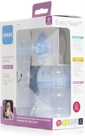 Mam Set Plastic Baby Bottles Easy Start Anti-colic Starter Set Against Colic with Silicone Teat for 0+ Months Blue Whale - Blue 260ml 3 Pieces