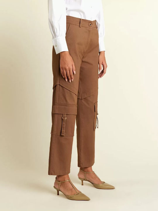 Forel Women's Cotton Cargo Trousers in Straight Line Chocolate.