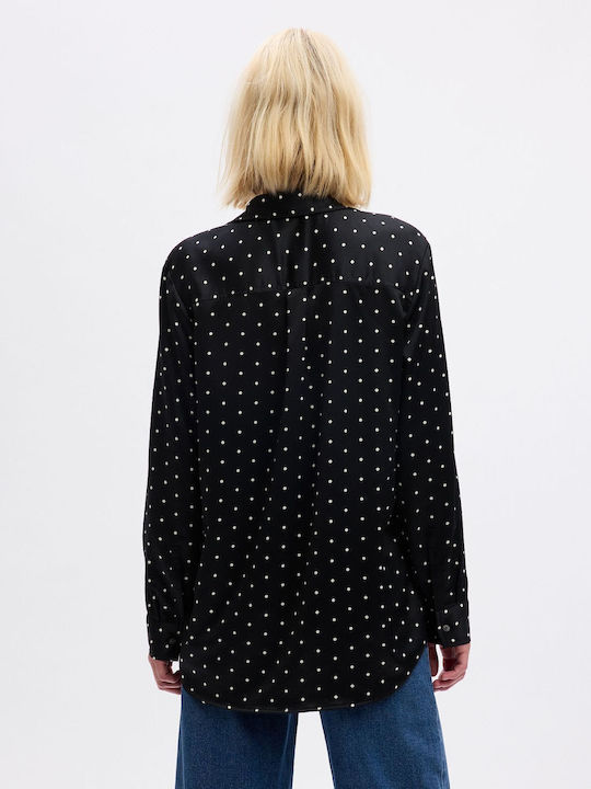 GAP Women's Satin Polka Dot Long Sleeve Shirt black & white