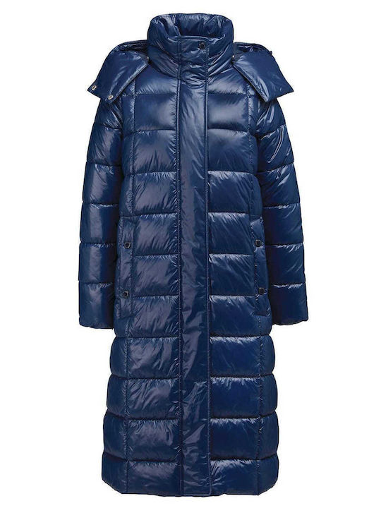 Women's Long Puffer Jacket for Winter with Hood Blue
