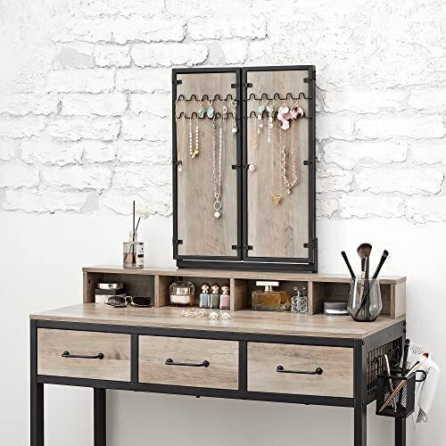 Bodenstehende Schminktisch aus Holz & Metall Braune mit Spiegel & Hocker 90x40x141cm