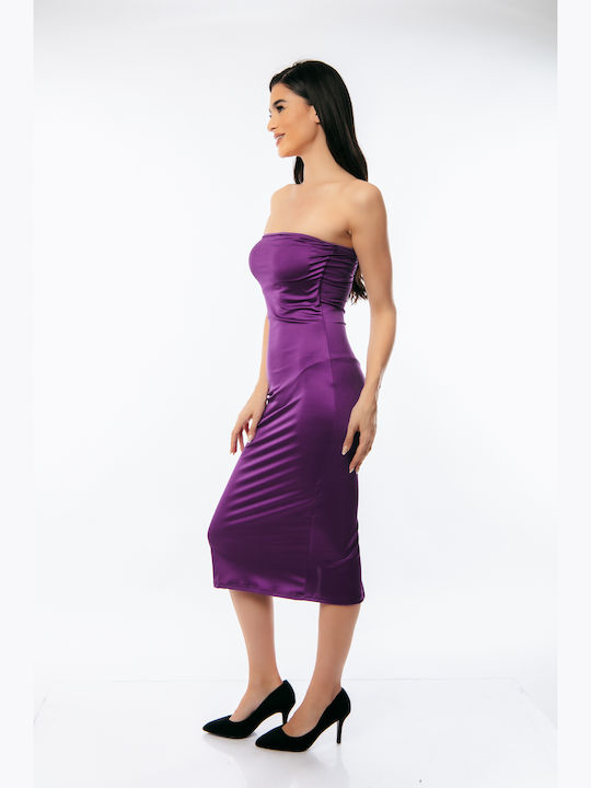 Summer Midi Evening Strapless Satin Lilac Dress