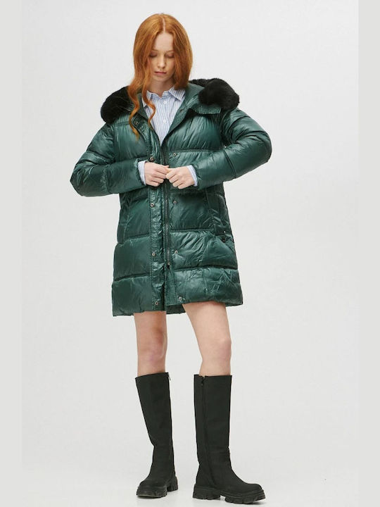 BSB Women's Long Puffer Jacket for Winter with Hood Green