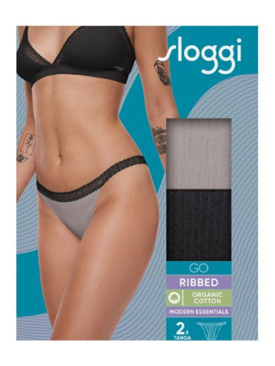 Go Ribbed H Tanga Βαμβακερά Femei Slip 2Pack cu Dantelă Negru/gri