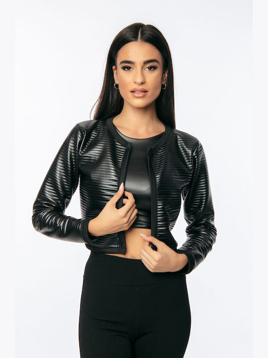 Dress Up Women's Short Puffer Artificial Leather Jacket for Winter BLACK