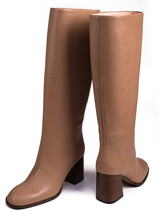 Leather High Heel Women's Boots with Rubber Tabac Brown