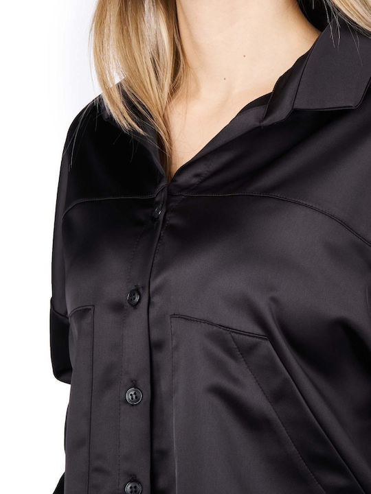 Langärmelig Damen Satin,σατεν Hemd Schwarz