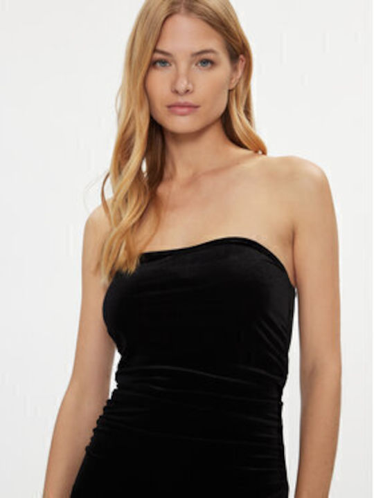 Midi Abendkleid Trägerlos Samt Schwarz