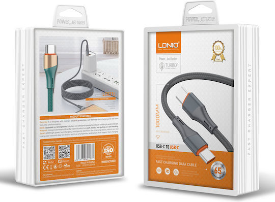 Ldnio LC631 Braided USB 2.0 Cable USB-C male - USB-C 65W PD Πράσινο 1m