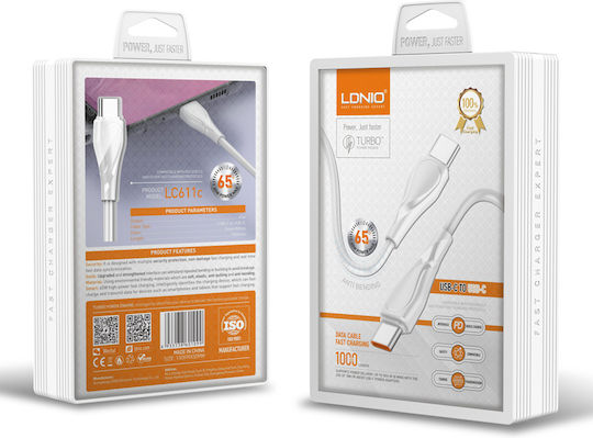 Ldnio USB 2.0 Cable USB-C male - USB-C 65W PD Λευκό 1m LC611C
