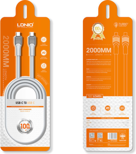 Ldnio USB 2.0 Cable USB-C male - USB-C 100W PD Γκρι 2m LC602