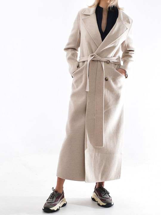 Studio Ar Women's Wool Long Coat with Belt Beige