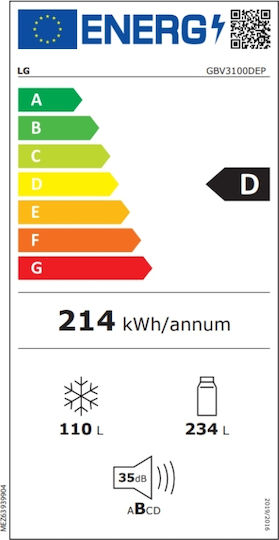 LG Fridge-Freezer 344lt NoFrost H186xW59.5xD68.2cm Black GBV3100DEP