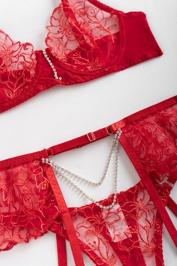 Decoro Sexy Σετ Εσωρούχων με Δαντέλα & Ζαρτιέρες Κόκκινο
