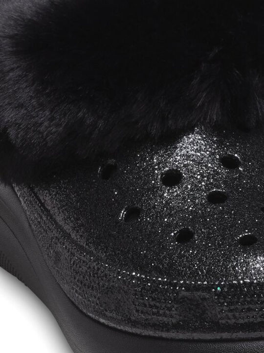 Furever Crush Crystal Glitter Χειμερινές Γυναικείες Παντόφλες Μαύρες