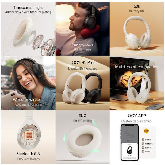 QCY H2 Pro Kabellose Bluetooth Über Ohr Kopfhörer mit 60 Stunden Wiedergabezeit Weiße