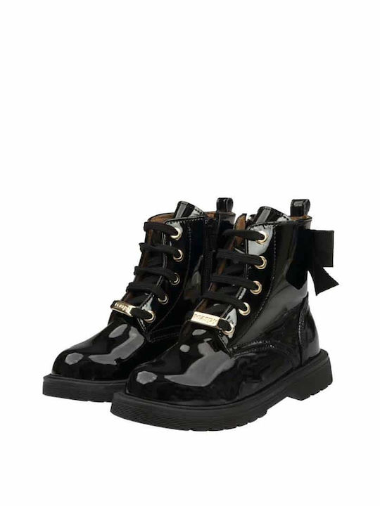 Scarpy Kids Patent Leather Military Boots Black