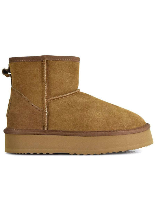 Leather Women's Ankle Boots with Fur Tabac Brown