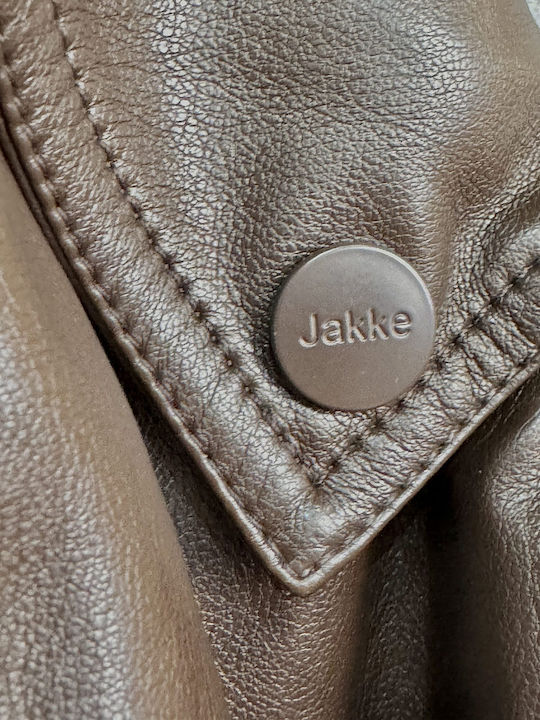 Jakke Women's Leather Midi Coat with Belt and Fur Coffee