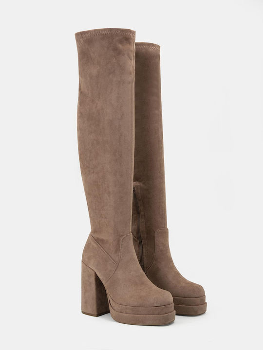 Bozikis Suede Over the Knee High Heel Women's Boots with Zipper Brown