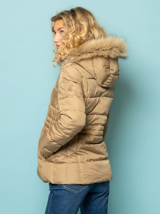 Heavy Tools Women's Short Puffer Jacket for Winter Beige