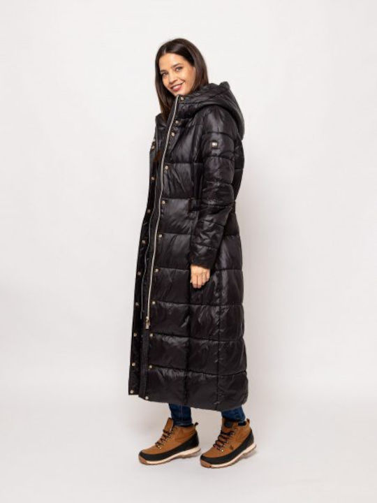 Heavy Tools Women's Long Puffer Jacket for Winter with Hood Black