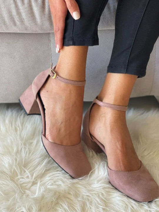 Suede pumps with low heel and barette BI550 Nude