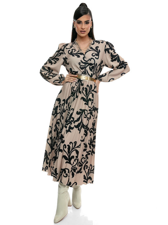 RichgirlBoudoir Evening Long Sleeve Wrap Satin Midi Dress with V Neck Multicolour Print