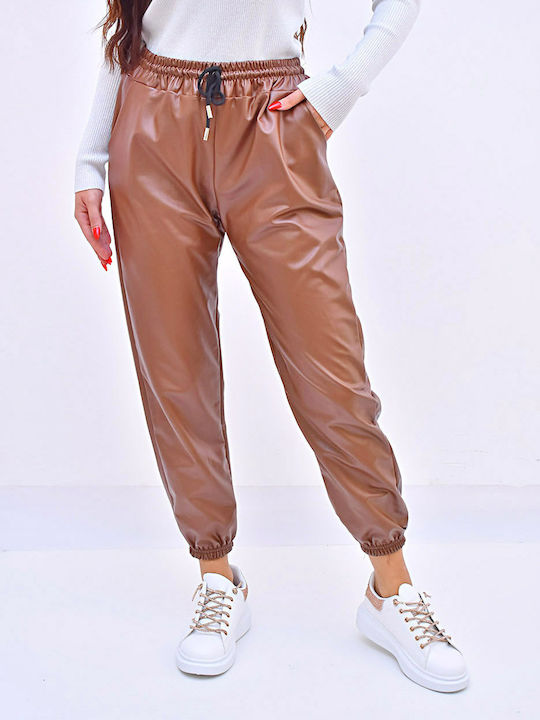 Damen Stoff Hose mit Gummizug Tabac Brown