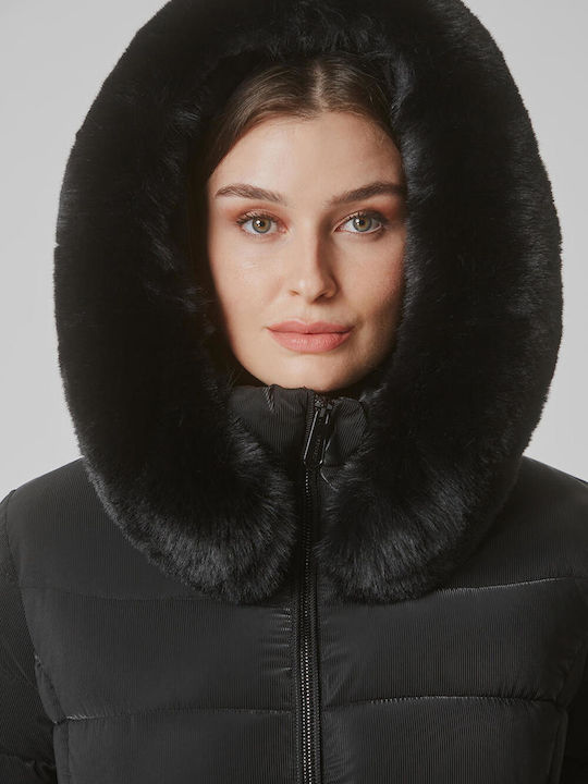 Women's Short Puffer Jacket for Winter with Hood Black