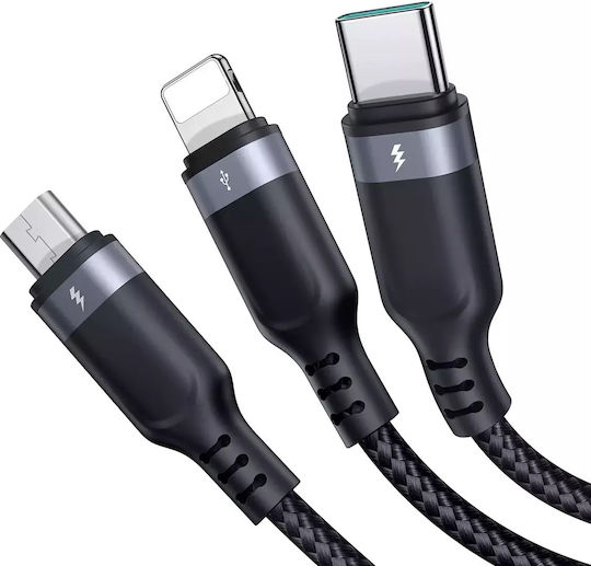 Joyroom S-1t3018a18 Braided / LED USB to Lightning / Type-C / micro USB 0.3m 2.4A Cable