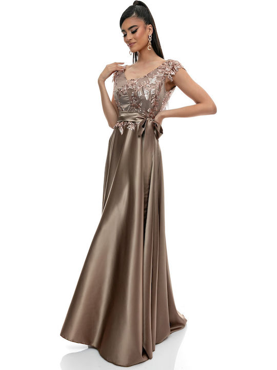Rochie Maxi Pentru Nuntă / Botez Satin Cu Dantelă Aurie