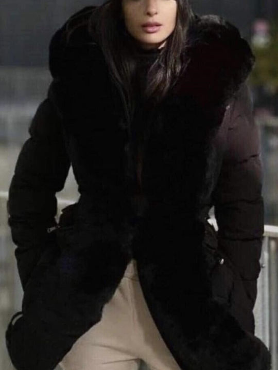 Women's Black Coat with Fur Details