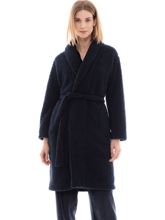 Pink Label Winter Women's Fleece Robe Dark Blue