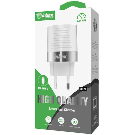 Inkax Charger with 2 USB-A Ports and Cable USB-C Whites (CD-79)