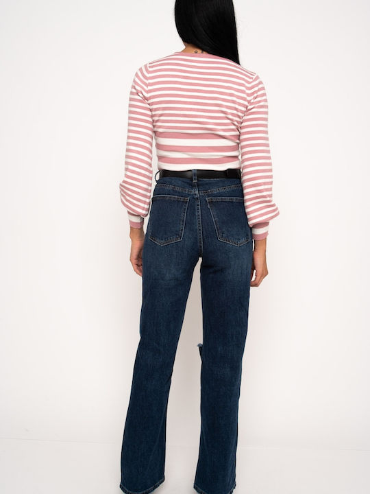 E-shopping Avenue Women's Long Sleeve Crop Sweater Striped Pink