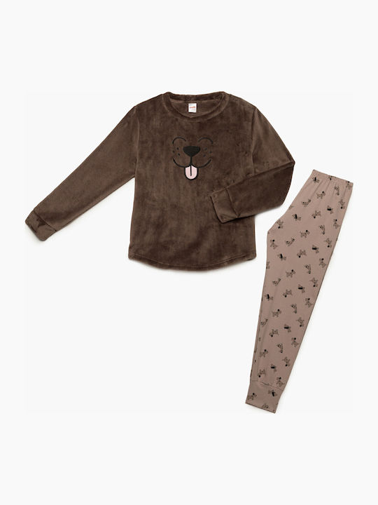 Minerva Kinder Schlafanzug Winterlich Brown Fleece Pajama