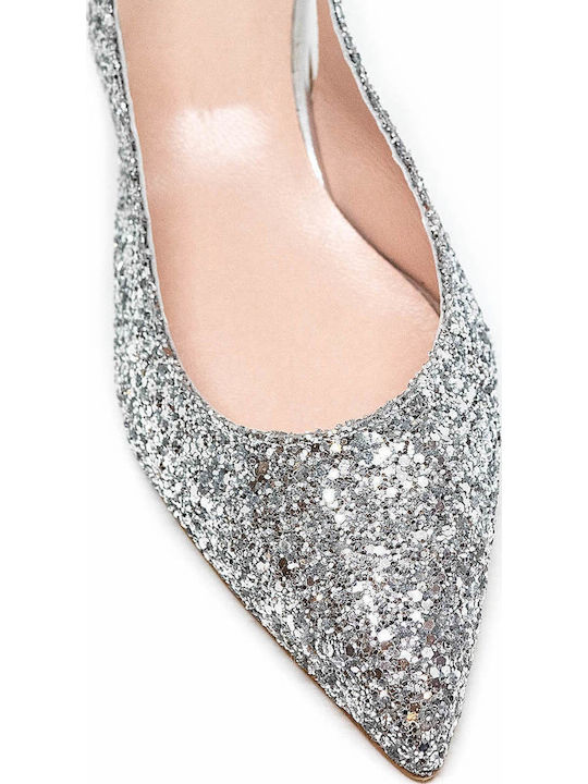 Leather Pointed Toe Silver Medium Heels
