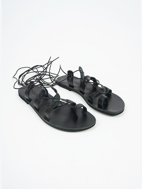 Leather Women's Flat Sandals in Black Color