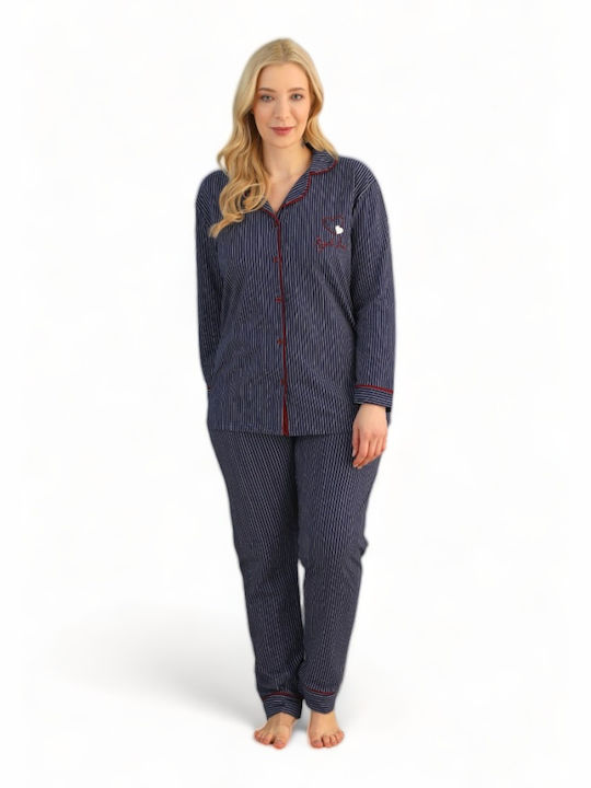 Siyah Inci Winter Women's Pyjama Set Cotton Blue Plus Size